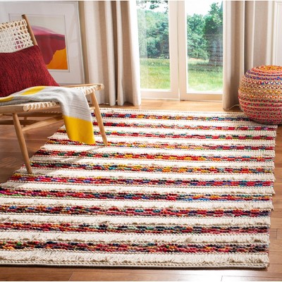 Ivory and Multicolor Striped Handwoven Wool Area Rug, 3' x 5'