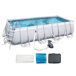 Bestway Power Steel 18' x 9' x 48" Rectangular Metal Frame Above Ground Swimming Pool Set with 1,500 GPH Filter Pump, Ladder, and Pool Cover - 1 of 4