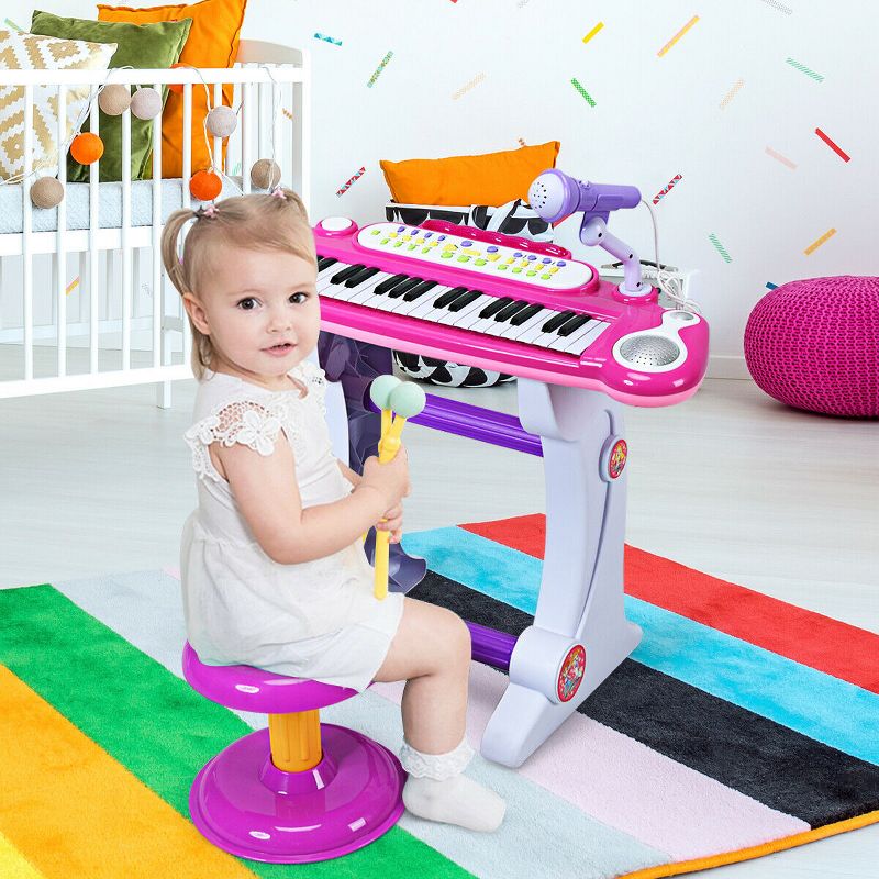 Costway 37 Key Electronic Keyboard Kids Toy Piano MP3 Input with Microphone and Stool Pink/Blue, 3 of 10