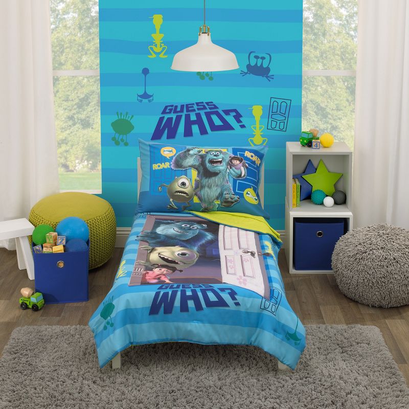 Disney Monsters Inc. Guess Who Blue and Green Sully, Mike, and Boo 4 Piece Toddler Bed Set, 1 of 7