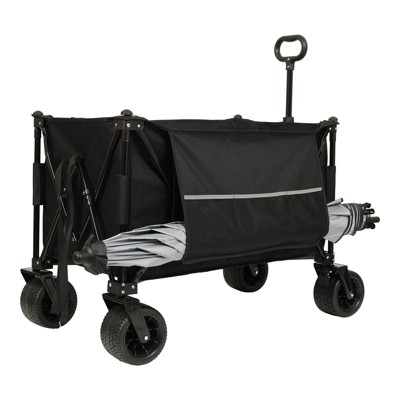 VisioGear Collapsible Foldable Extended Wagon, Folding Garden Cart with Drink Holders and Side Pocket, Black, 37.4"*23.03"*38.98