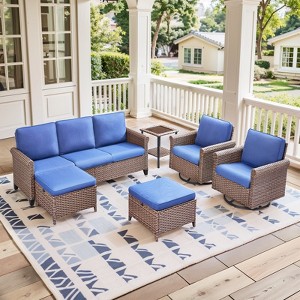 Buenhomino 6-Piece Patio Rocking Swivel Chair Outdoor Wicker Rattan Bistro Set with Tempered Glass Side Table for Garden, Deck, and Balcony, Sand - 1 of 4