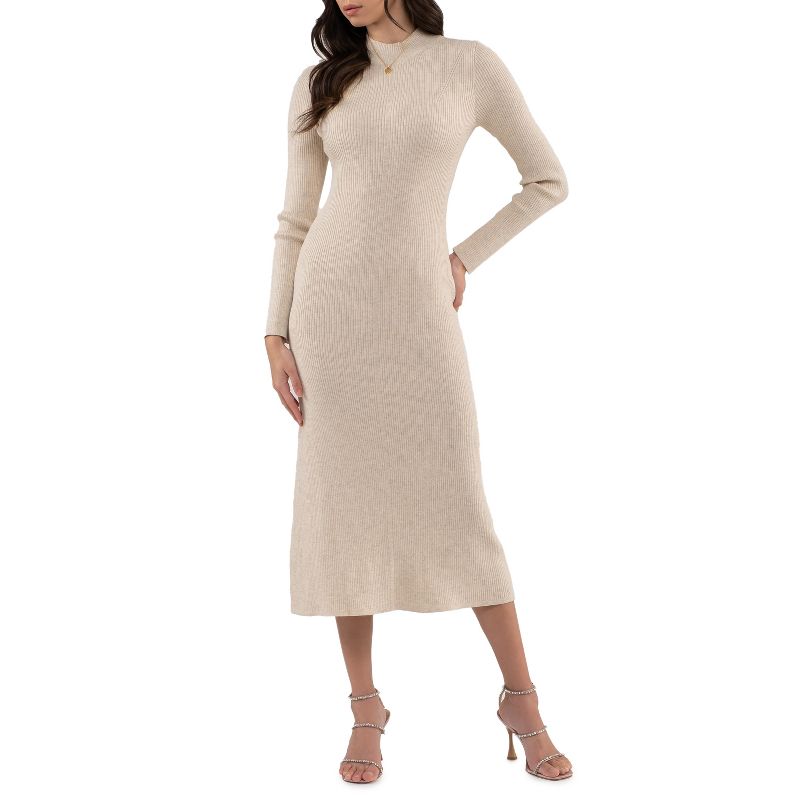 August Sky Women's Shimmery Ribbed High Neck Midi Sweater Dress, 1 of 6