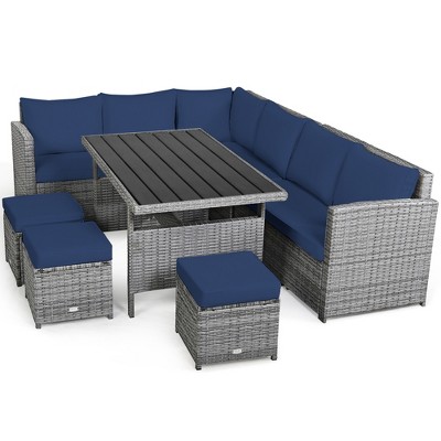 Tangkula 7PCS Rattan Patio Sectional Sofa Set Conversation Set w/ Navy Cushions
