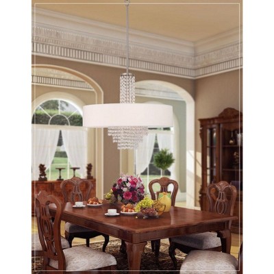 Carlisle Brushed Nickel Drum Pendant with Clear Crystals and Off-White Shade