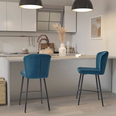 Jasper Navy Blue Velvet Counter Height Barstools, Set of 2