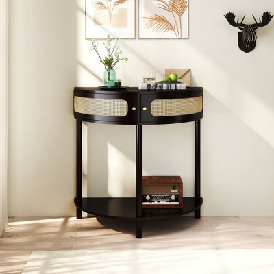 VYNXARIA Unique Half Moon Design End Table with Sliding Rattan Door,Elegant Semi-circle Entryway Console Table,Black