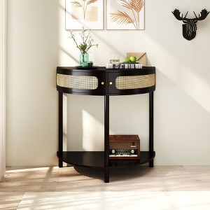 VYNXARIA Unique Half Moon Design End Table with Sliding Rattan Door,Elegant Semi-circle Entryway Console Table,Black - 1 of 4