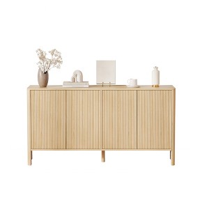 Fluted Sideboard Cabinet with 4 Doors, 58" Coffee Bar Buffet with Adjustable Shelves, Wood Credenza for Kitchen Dining Living Room, Oak - 1 of 4