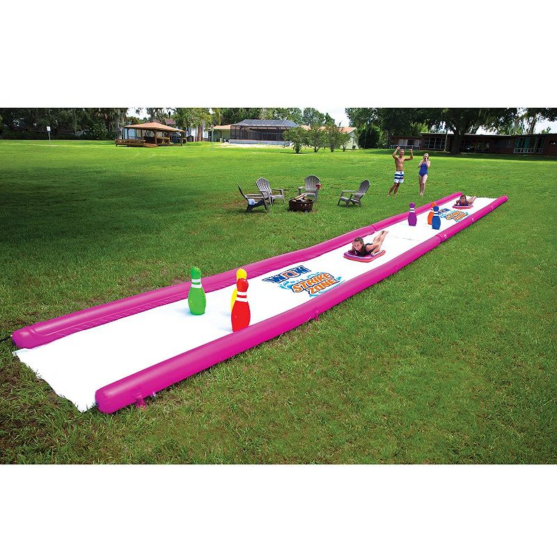 WOW Watersports 25 Foot Long Inflatable Strike Zone Outdoor Waterslide with Slippery Embossed PVC, Built In Sprinklers, 2 Sleds, and 6 Bowling Pins, 3 of 7