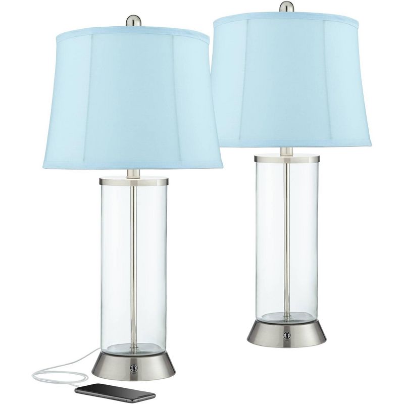 360 Lighting Watkin Modern Table Lamps 27 1/2" Tall Set of 2 Clear Glass Nickel with USB and AC Power Outlets in Base LED Blue Softback Shade for Home, 1 of 7