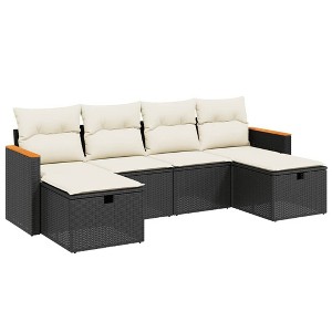 vidaXL Patio Sofa Set with Cushions Outdoor Furniture 6 Piece Poly Rattan - Black and Cream without Storage - 1 of 4