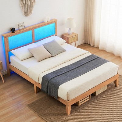 Bed Frame with Rattan Headboard and LED Lights – No Box Spring Needed, Strong Wooden Slats, Noise-Free Mattress Foundation, Stylish Design