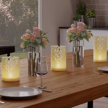 Remote Control LED Candles - Set of 3 Battery-Operated Realistic Flameless Pillars with Lace Details and Vanilla-Scented Wax by Lavish Home