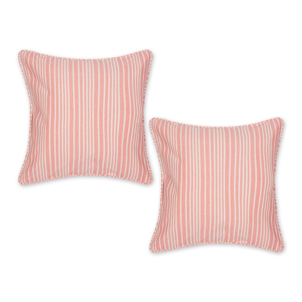 Photos - Pillow 2pc 18"x18" Coral Chambray Striped Recycled Cotton Square Throw Cover - De