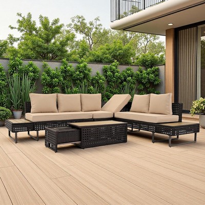 6-Piece Outdoor Patio Rattan Sectional Sofa Set with Adjustable Seat, Side Table, Coffee Table with Ice Bucket
