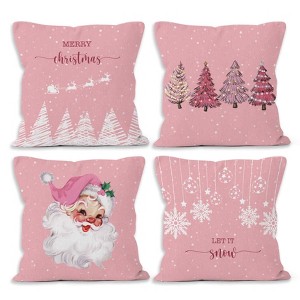 Pink Winter Christmas Throw Pillow Covers 18x18 Set of 4, Christmas Tree Santa Claus Home Decor Pillow Case - 1 of 4