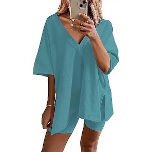 Ekouaer Womens Pajamas 2 Piece Lounge Sets Oversized V Neck T-Shirts Tops Biker Shorts Set Workout Reversible Tracksuit - 1 of 4