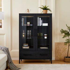 60'' Tall LED Lighted Display Cabinet with Tempered Glass Door & 2 Drawers, Modern Storage Bookshelf for Living Room, Office/Study - ModernLuxe - 1 of 4