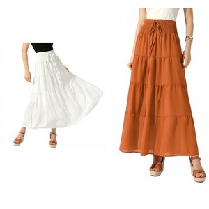 Allegra K Women's Boho Summer Smocked Elastic Waist Tiered A-Line Beach Maxi Skirt 2 Packs - 1 of 4