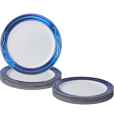 Silver Spoons Elegant Disposable Plastic Plates for Party, Heavy Duty Blue/Silver Disposable Plate Set, (10 PC) - Bella