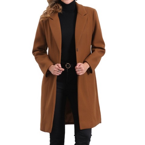Allegra K Women's Winter Notch Lapel Mid-Long Single-Breasted Overcoat Pea Coats X-Small Brown