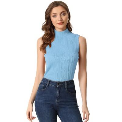 Allegra K Women's Mock Neck Sleeveless Keyhole Back Ribbed Knit Blouses