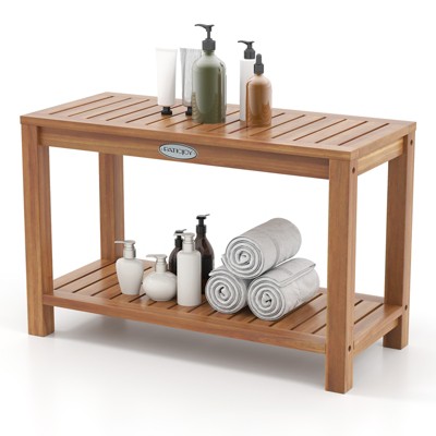 Tangkula 30 Inch Teak Wood Shower Bench Inside Shower Stool w/ Storage Shelf for Adults