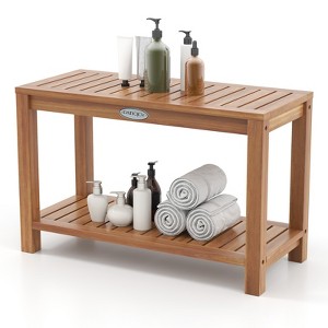 Tangkula 30 Inch Teak Wood Shower Bench Inside Shower Stool w/ Storage Shelf for Adults - 1 of 4