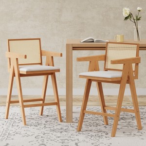 Christopher Knight Home Kelsey Modern Minimalist Rubberwood and Cane Upholstered Bar Stools (Set of 2) - 1 of 4