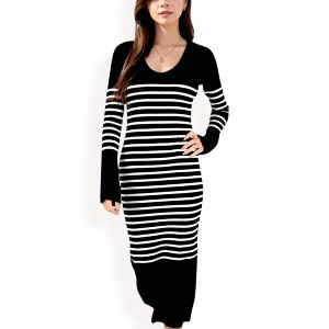 Anna-Kaci Women's Striped Knit Midi Dress with Long Sleeves and Ribbed Texture - 1 of 4