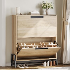 Shoe Storage Cabinet with 2 Flip Drawers, Freestanding Shoe Organizer with Metal Legs, Adjustable Shelf Narrow Shoe Rack Cabinet - 1 of 4