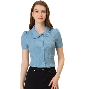 INSPIRE CHIC Women's Sweet Ruffle Trim Peter Pan Collar Button-Down Shirt - 1 of 4