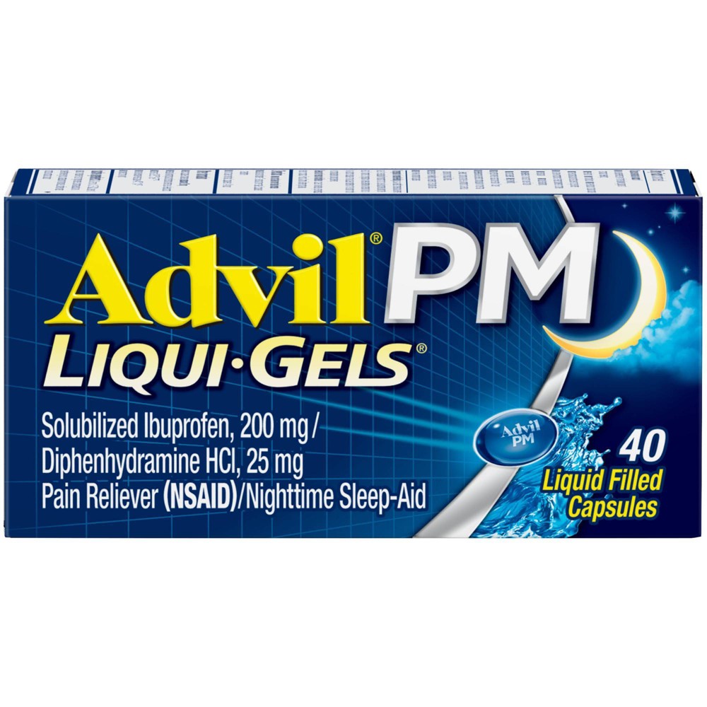 Advil PM Liqui-Gels Pain Reliever/Nighttime Sleep Aid Liquid Filled Capsules - Ibuprofen (NSAID) - 40ct Advil PM Liqui-Gels Pain Reliever and Nighttime Sleep Aid combine the #1 ibuprofen brand plus the #1 sleep ingredient to give you fast pain relief and a whole night's sleep. Whether you have occasional muscle aches, a backache, a toothache or minor arthritis pain, these non-habit forming Advil Liqui-Gels help relieve occasional sleeplessness associated with minor aches and pains. Each liquid filled capsule contains ibuprofen 200 mg, a minor arthritis relief, headache relief and joint pain relief medication. This pain PM medicine also contains diphenhydramine 25 mg, a nighttime sleep aid that helps you fall asleep and stay asleep. Advil PM minor arthritis pain relievers are convenient diphenhydramine HCL and ibuprofen Liqui-Gels that deliver real liquid power to rush relief where it hurts and ease you into a better night's sleep. Liqui-Gels are also easily portable, so you can get a good night's sleep whether you're at home or away. Advil PM gives you the restful sleep you need, helping you fall asleep and stay asleep so your body can heal as you rest. Advil PM. For a healing night's sleep. Size: 40 Count. Age Group: adult.