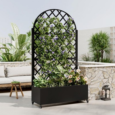 Vynxaria round Metal Planter Box with Trellis Raised Garden Bed  with 4 wheelsTrellis Privacy Screen for Climbing Plants,Vegetables,Vines
