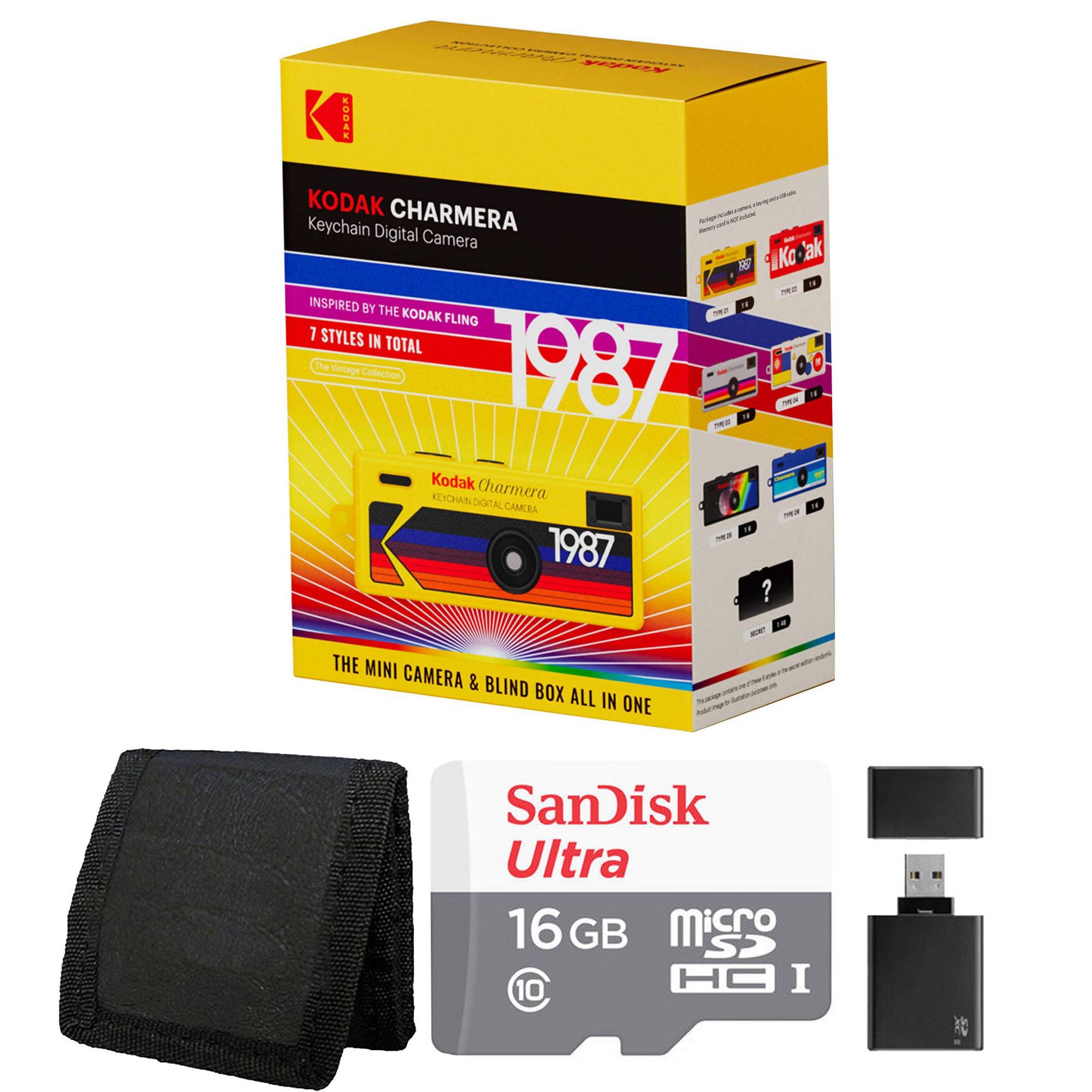 KODAK CHARMERA KEYCHAIN DIGITAL CAMERA (BLIND BOX) WITH 16GB MICROSDHC CARD, READER & MEMORY CARD WALLET BUNDLE