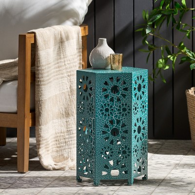 Teal Hexagon Iron Sunburst Outdoor Patio Side Table