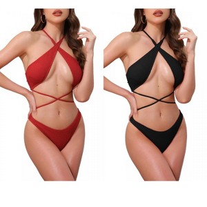 INSPIRE CHIC Women's Criss Cross Backless Ribbed Strappy Top Triangle Bottom Swimwear Bikini Suits 2 Sets - 1 of 4