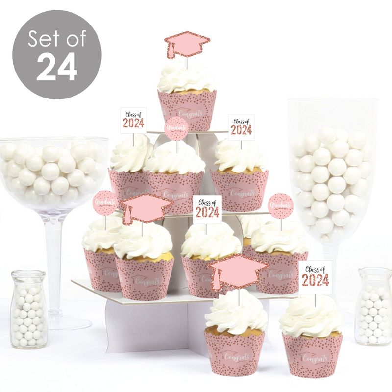 Big Dot of Happiness Rose Gold Grad - Cupcake Decoration - 2024 Graduation Party Cupcake Wrappers and Treat Picks Kit - Set of 24, 2 of 8
