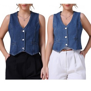 INSPIRE CHIC Women's Sleeveless V Neck Button Down Jean Crop Denim Tank Tops 2 Packs - 1 of 4