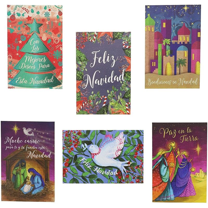 48 Pack (8 of Each) Feliz Navidad Spanish Christmas Cards with Envelopes, 4 x 6 inches, 6 Assorted Designs Merry Xmas Festive Themed Greeting, 1 of 7
