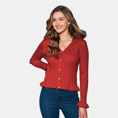 Women's Burgundy Ribbed Knit V-Neck Long Sleeve Ruffle Trim Cardigan - Cupshe