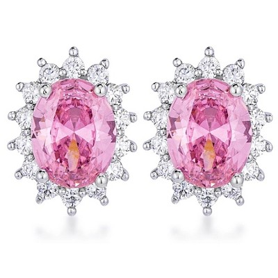 ShineHigh Rhodium Plated Petite Royal Oval Earrings – Multi-Color Options – Classic Halo Design with Sparkling Cubic Zirconia Accents
