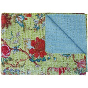 HomeRoots 50" X 70" Green And Red Floral Cotton Quilted Kantha Throw Blanket with Embroidery - 1 of 4