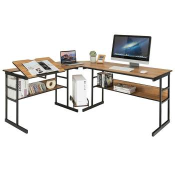 Costway L-Shaped Computer Desk Drafting Table Workstation w/ Tiltable Tabletop Walnut
