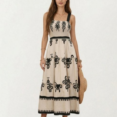 Женские платья Anna-Kaci Women's Sleeveless Smocked Midi Dress with Wide Straps Tiered Skirt and Bohemian Floral Print Design - X Large, Light Beige