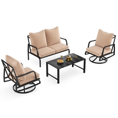 Maggift Patio Seating Set 4-Piece with Swivel Rocking Chair, Side Table and Thick Cushion for Deck, Backyard and Garden, Beige, 23.2" * 26.8" * 34.2"