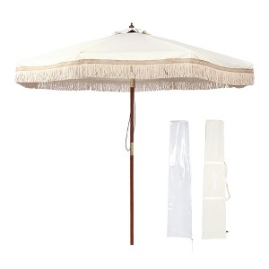 LAGarden BOHO 9' Fringe Patio Umbrella with Tassels UPF50+ Boho Style 5-Year-Non-Fading for Outdoor Yard Market Ivony Xchevron white - 1 of 4