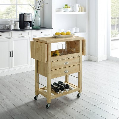 Bristol Natural Wood Drop-Leaf Kitchen Cart with Storage