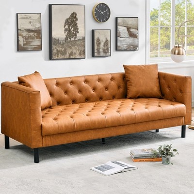 81" Leather Sofa Chesterfield - 3 Seater Tufted Couch for Living Room (Cognac Tan)